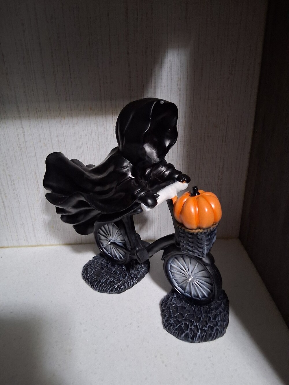 Grim Reaper Riding Bicycle , Black Cloacked Ghost Figurine , Wraith On A Bike